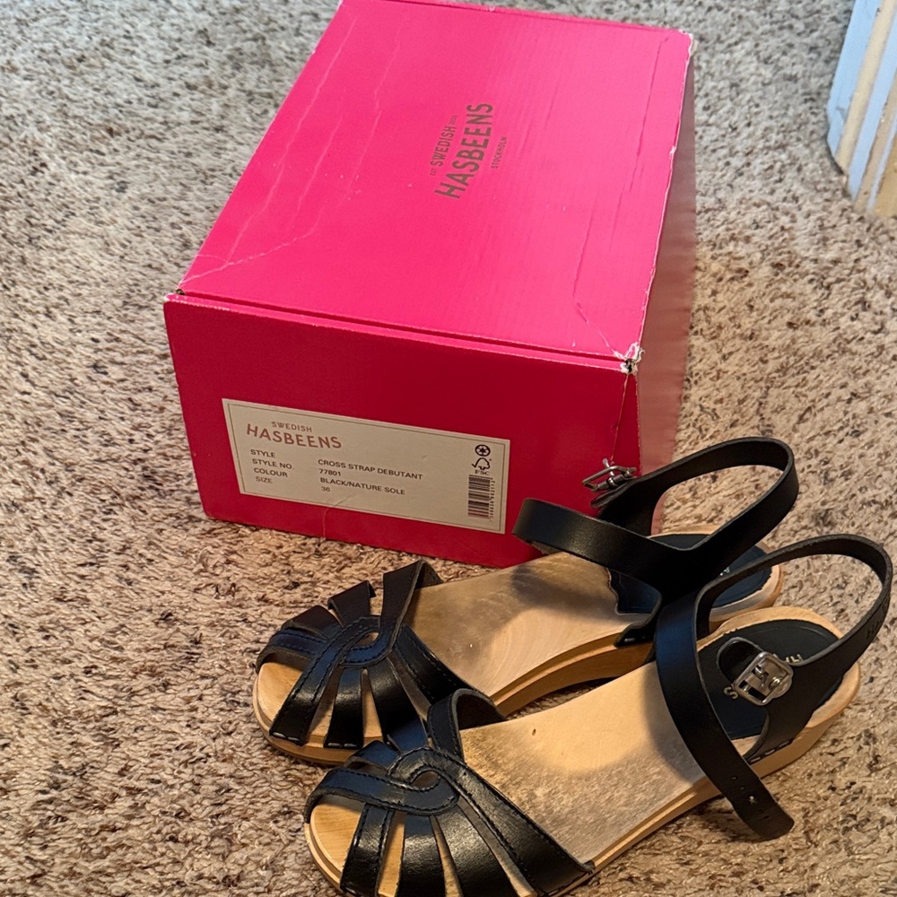 Swedish Hasbeens Black Leather Strap Sandals
